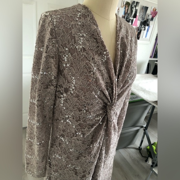 TAHARI beige lace sequin evening gown. - Picture 4 of 13